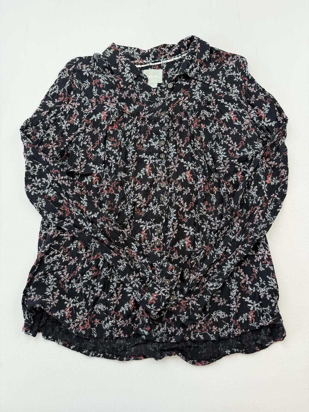 Maeve Blouse Womens 12 Black Floral V Neck Long Sleeve Button Tunic Top Boho